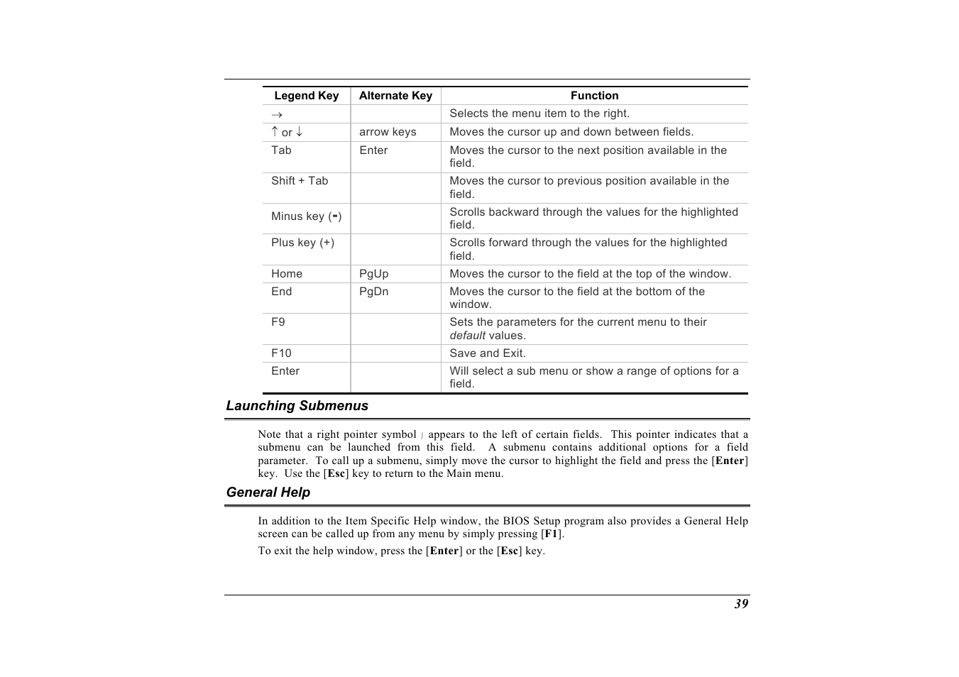 Launching submenus, General help | Elitegroup G733 User Manual | Page 47 / 77