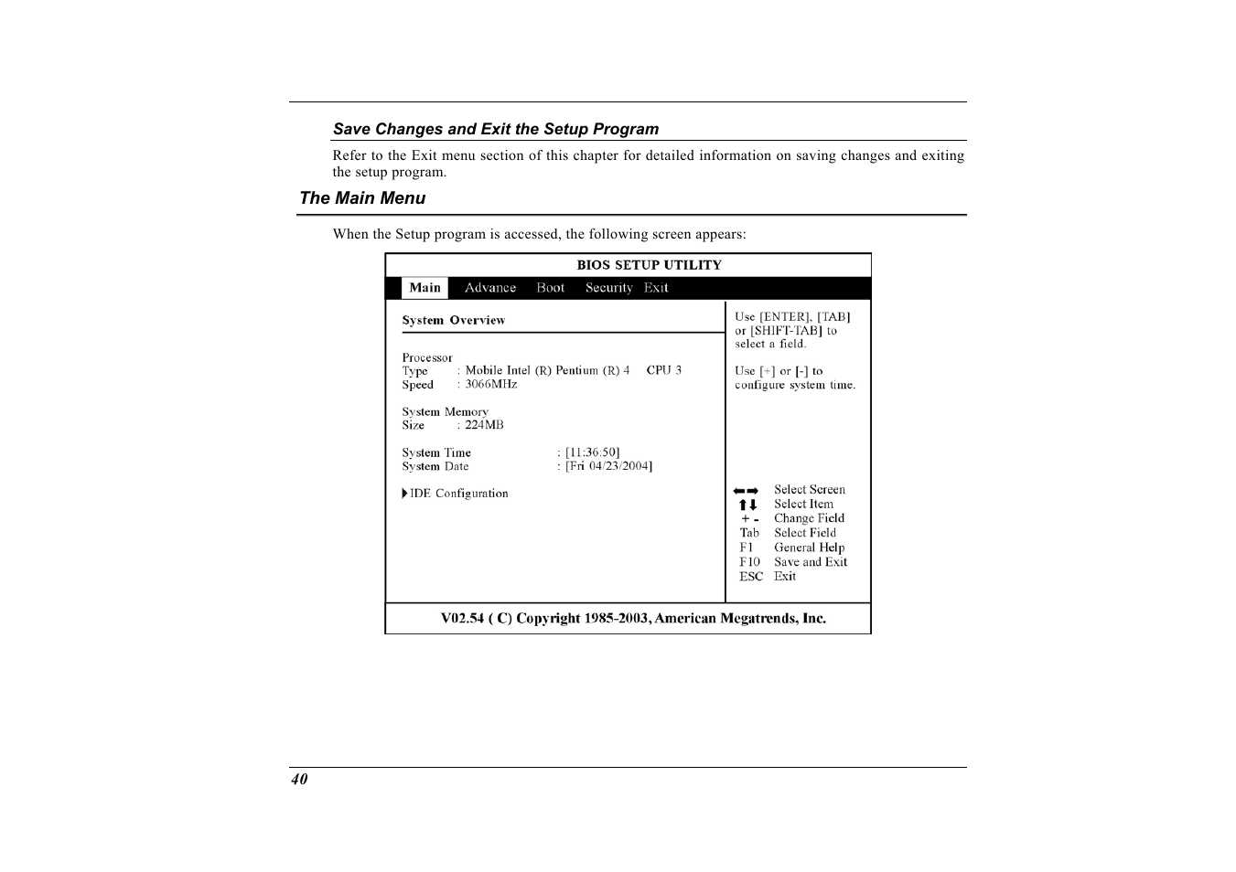 Save changes and exit the setup program, The main menu | Elitegroup G733 User Manual | Page 48 / 77