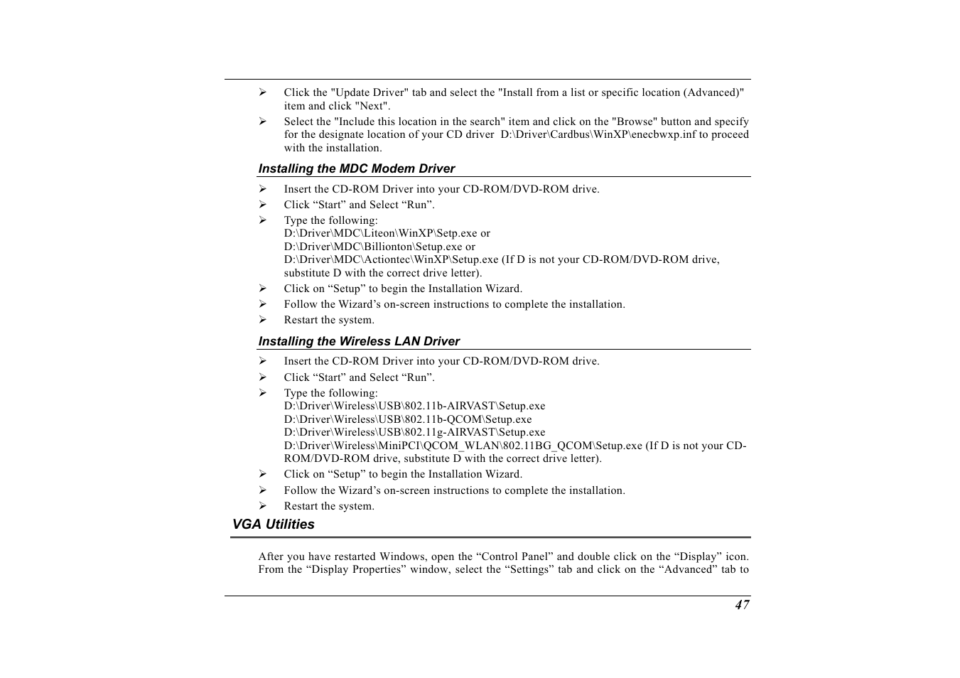 Installing the mdc modem driver, Installing the wireless lan driver, Vga utilities | Elitegroup G733 User Manual | Page 55 / 77