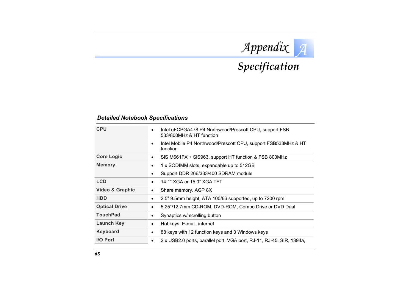 Detailed notebook specifications, Specification | Elitegroup G733 User Manual | Page 76 / 77