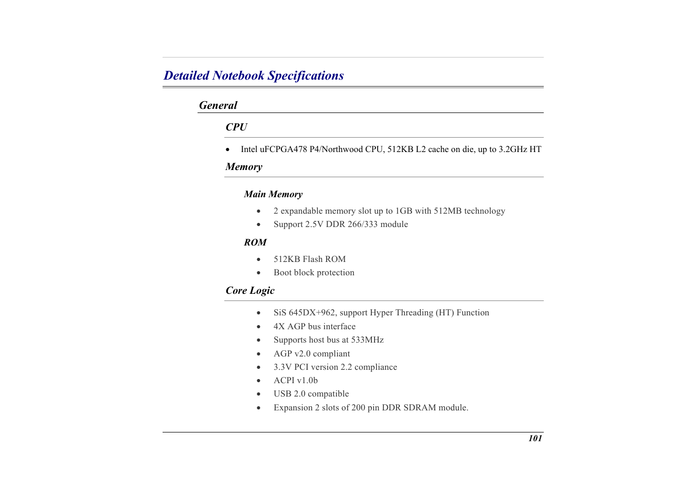 Detailed notebook specifications, General, Memory | Core logic | Elitegroup G732 (V2.0) User Manual | Page 113 / 118