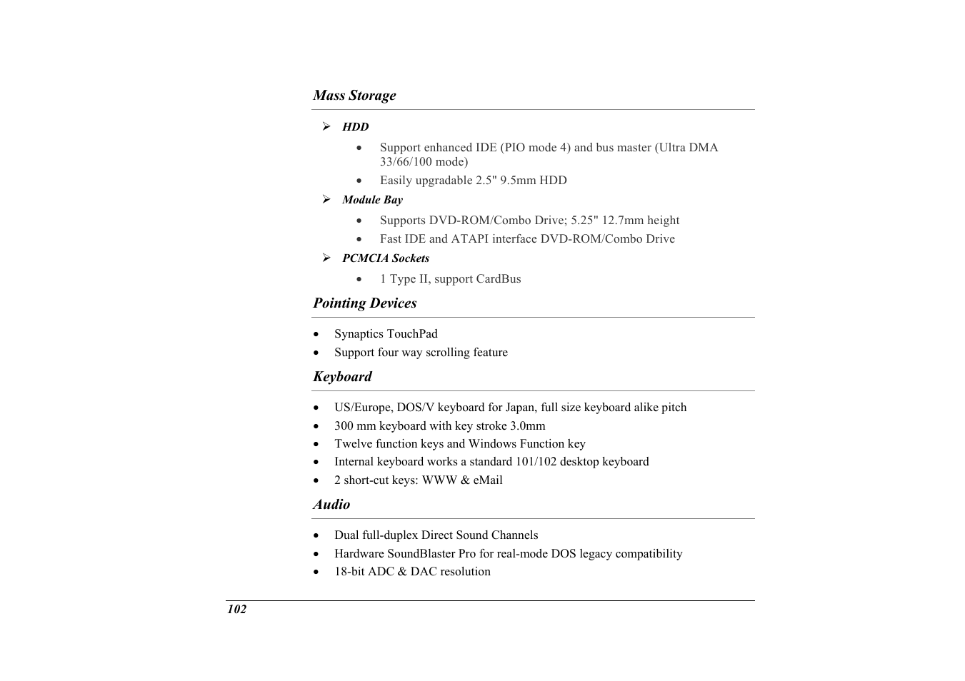Mass storage, Module bay, Pcmcia sockets | Pointing devices, Keyboard, Audio | Elitegroup G732 (V2.0) User Manual | Page 114 / 118