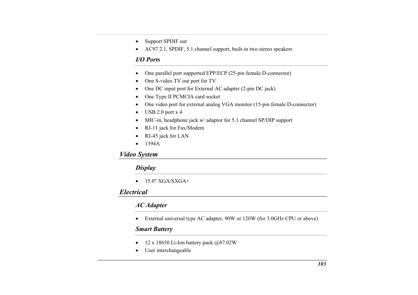 I/o ports, Video system, Display | Electrical, Ac adapter, Smart battery | Elitegroup G732 (V2.0) User Manual | Page 115 / 118
