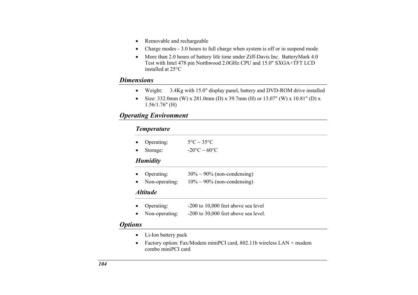 Dimensions, Operating environment, Temperature | Humidity, Altitude, Options | Elitegroup G732 (V2.0) User Manual | Page 116 / 118