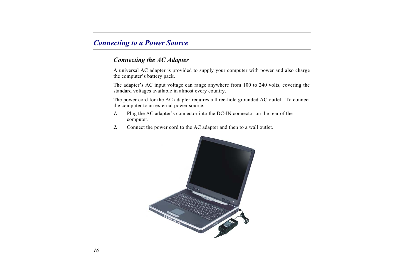 Connecting to a power source, Connecting the ac adapter | Elitegroup G732 (V2.0) User Manual | Page 28 / 118