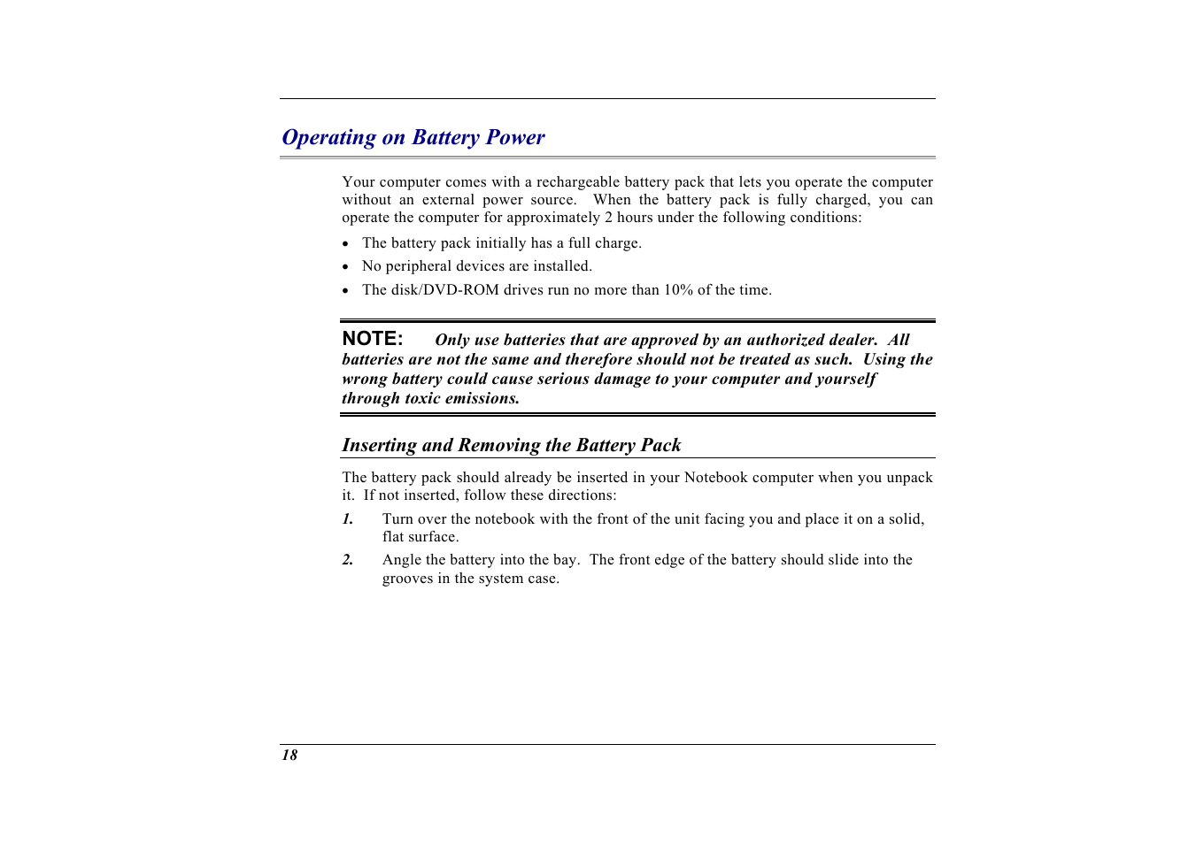 Operating on battery power, Inserting and removing the battery pack | Elitegroup G732 (V2.0) User Manual | Page 30 / 118