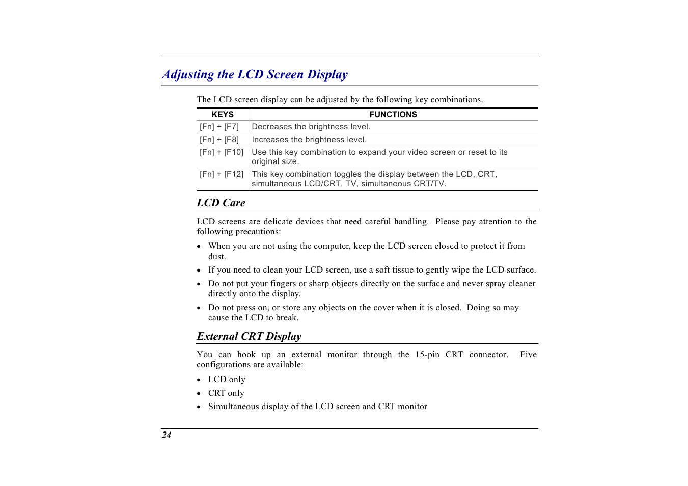 Adjusting the lcd screen display, Lcd care, External crt display | Elitegroup G732 (V2.0) User Manual | Page 36 / 118