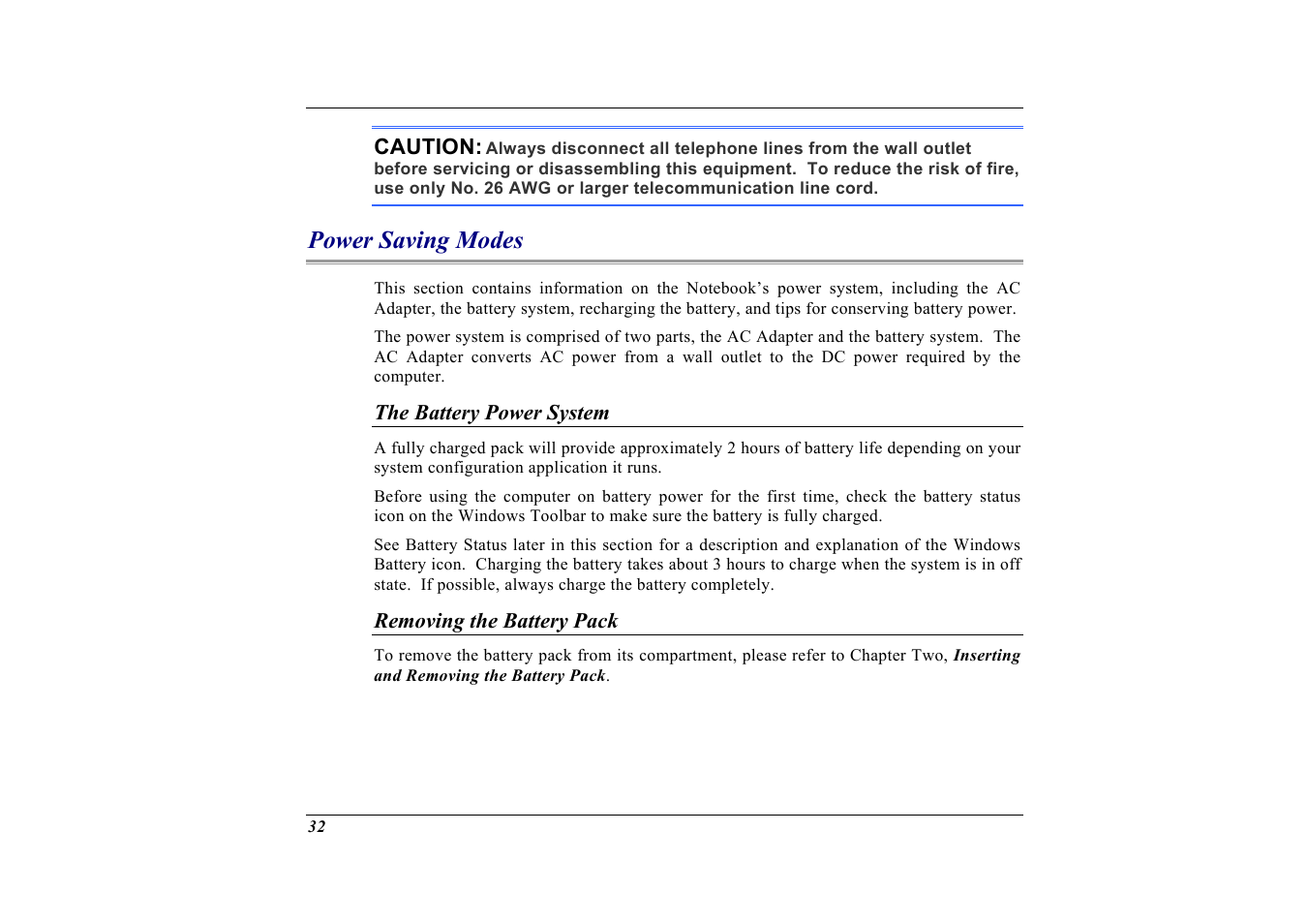 Power saving modes, The battery power system, Removing the battery pack | Elitegroup G732 (V2.0) User Manual | Page 44 / 118