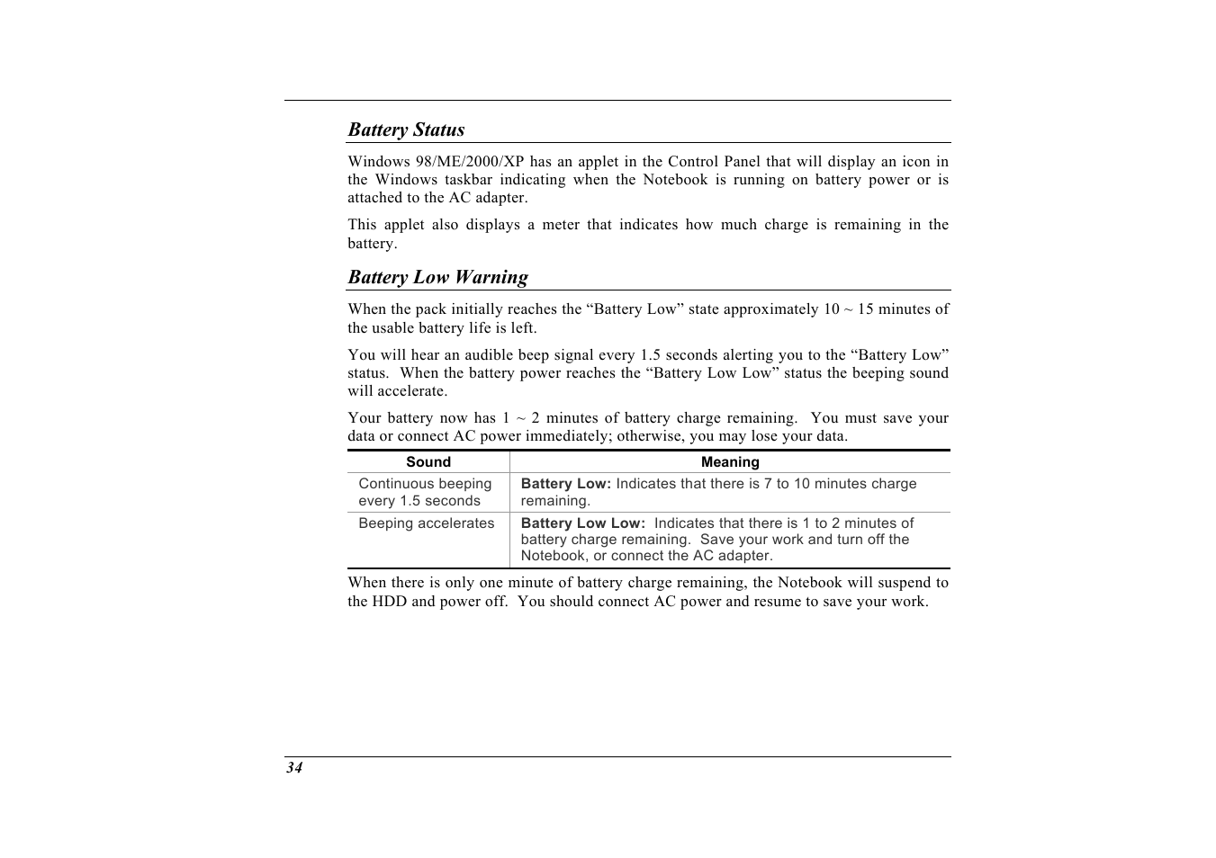 Battery status, Battery low warning | Elitegroup G732 (V2.0) User Manual | Page 46 / 118