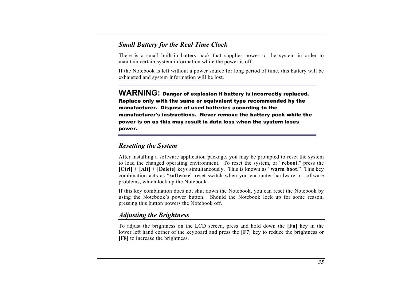 Small battery for the real time clock, Resetting the system, Adjusting the brightness | Warning | Elitegroup G732 (V2.0) User Manual | Page 47 / 118
