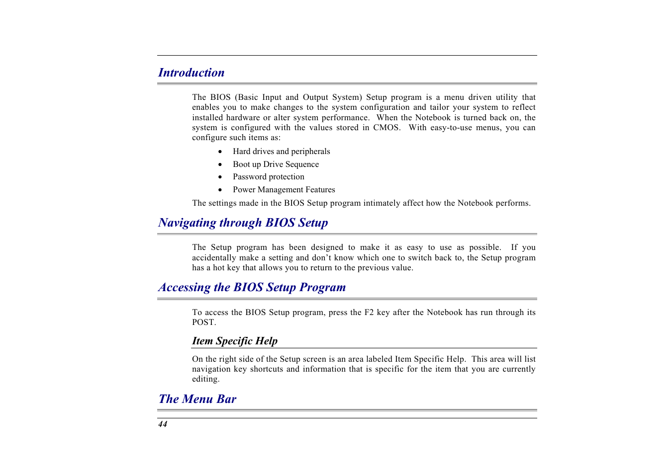Introduction, Navigating through bios setup, Accessing the bios setup program | Item specific help, The menu bar | Elitegroup G732 (V2.0) User Manual | Page 56 / 118