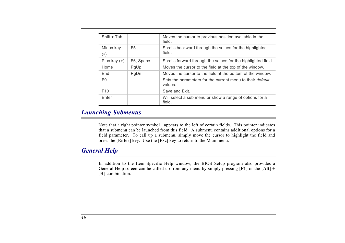 Launching submenus, General help | Elitegroup G732 (V2.0) User Manual | Page 58 / 118
