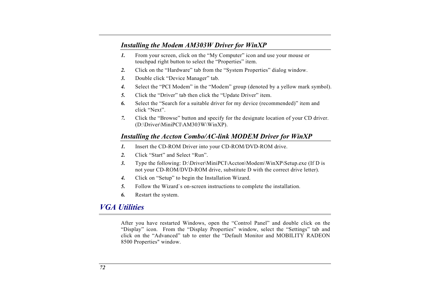 Installing the modem am303w driver for winxp, Vga utilities | Elitegroup G732 (V2.0) User Manual | Page 84 / 118