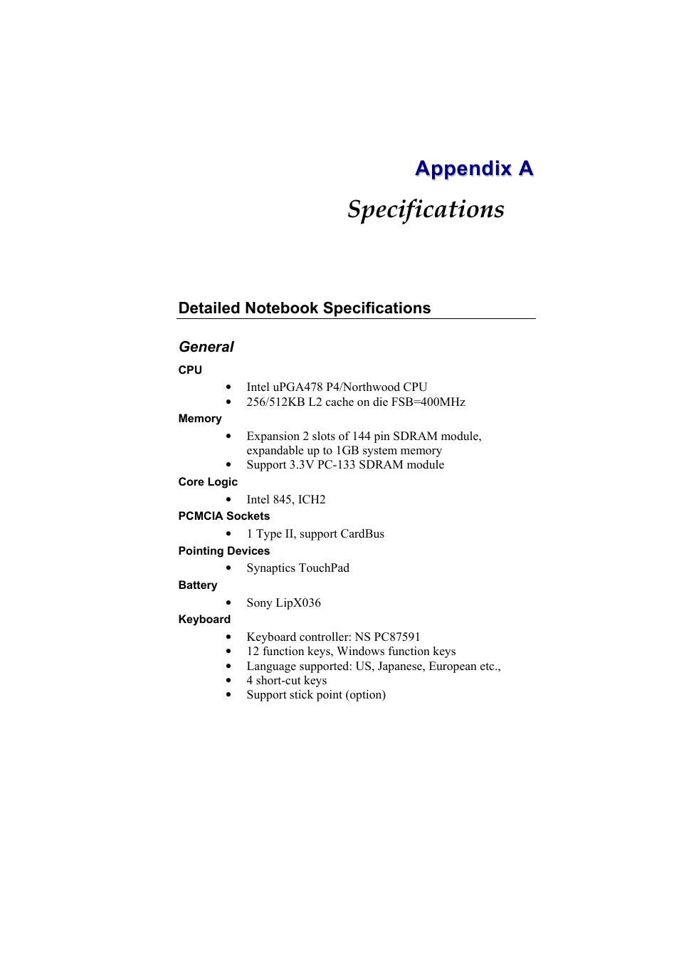 Specifications | Elitegroup G730 User Manual | Page 101 / 105