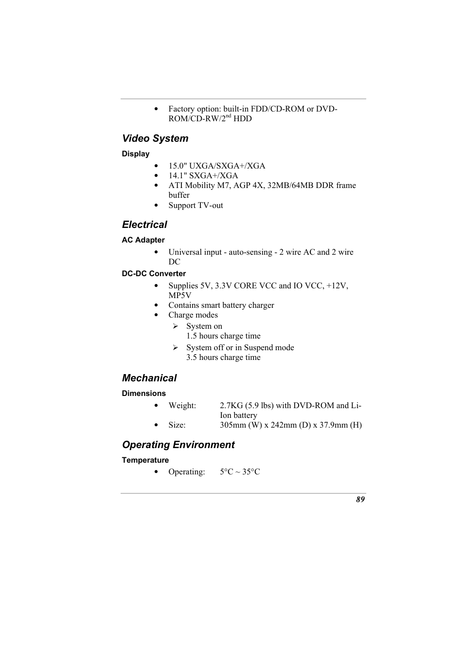 Video system, Electrical, Mechanical | Operating environment | Elitegroup G730 User Manual | Page 103 / 105