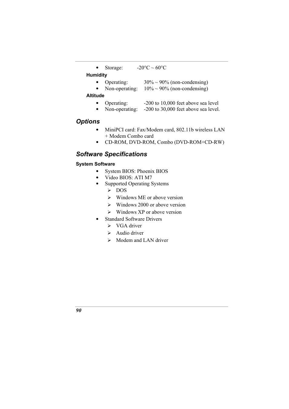 Options, Software specifications | Elitegroup G730 User Manual | Page 104 / 105