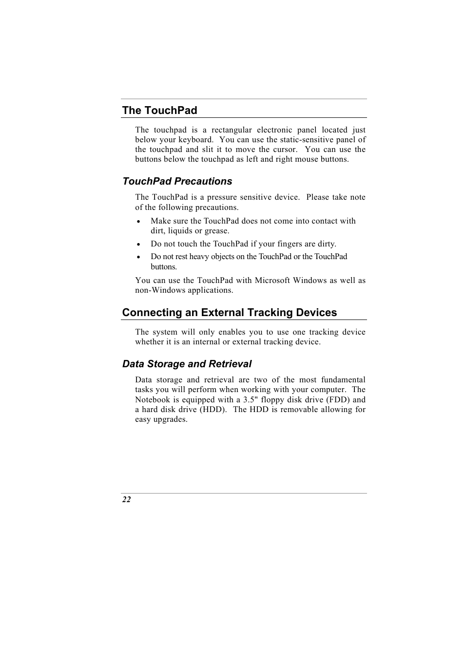 The touchpad, Connecting an external tracking devices | Elitegroup G730 User Manual | Page 36 / 105