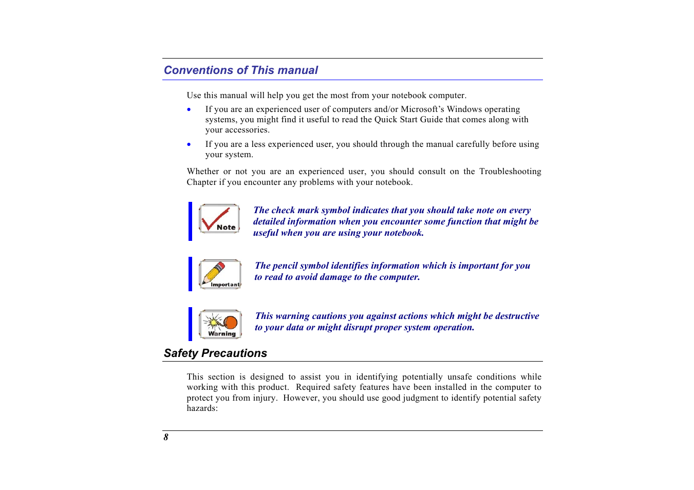 Conventions of this manual | Elitegroup G713 User Manual | Page 10 / 106