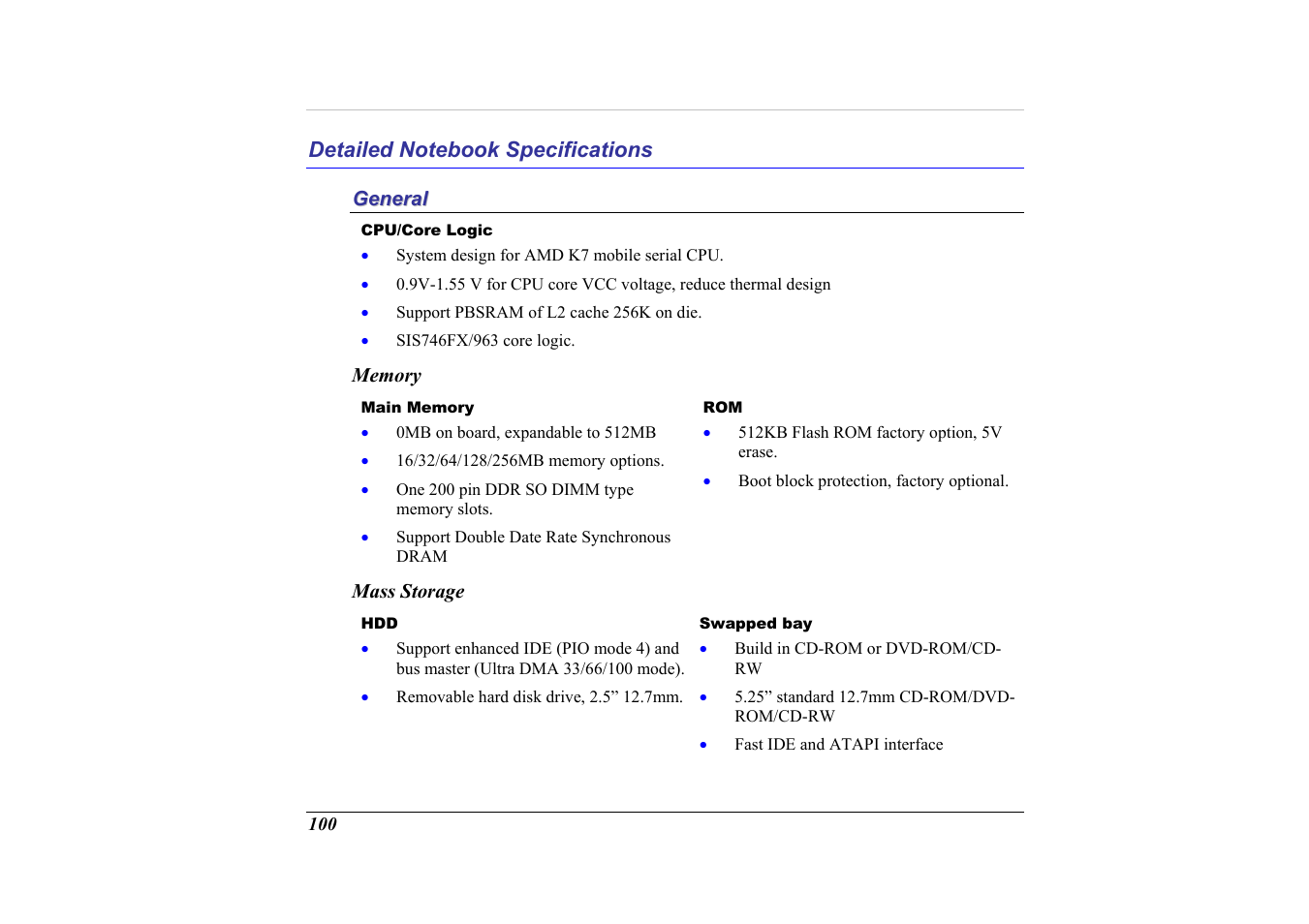 Detailed notebook specifications, General, Memory | Mass storage | Elitegroup G713 User Manual | Page 102 / 106
