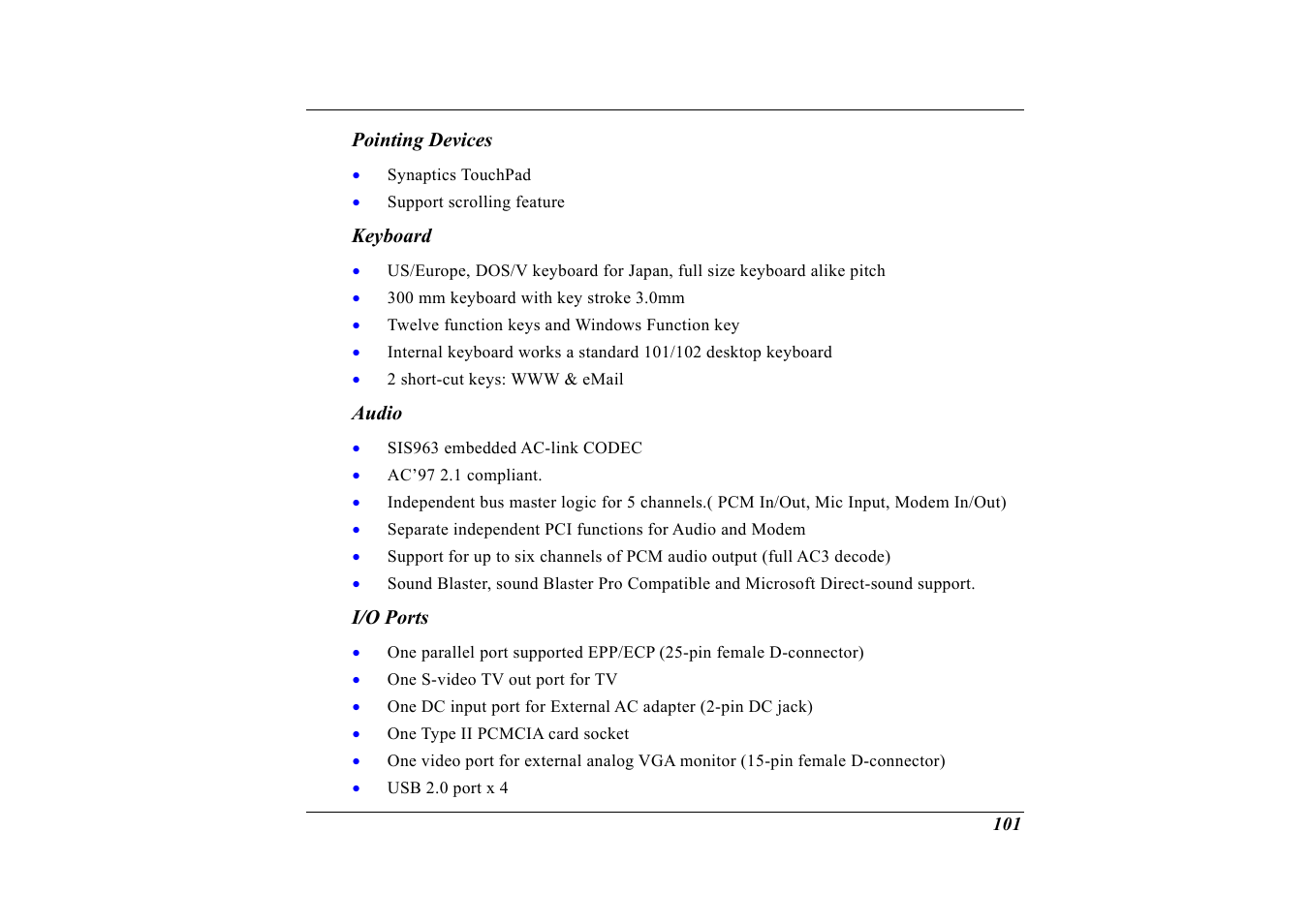 Pointing devices, Keyboard, Audio | I/o ports | Elitegroup G713 User Manual | Page 103 / 106