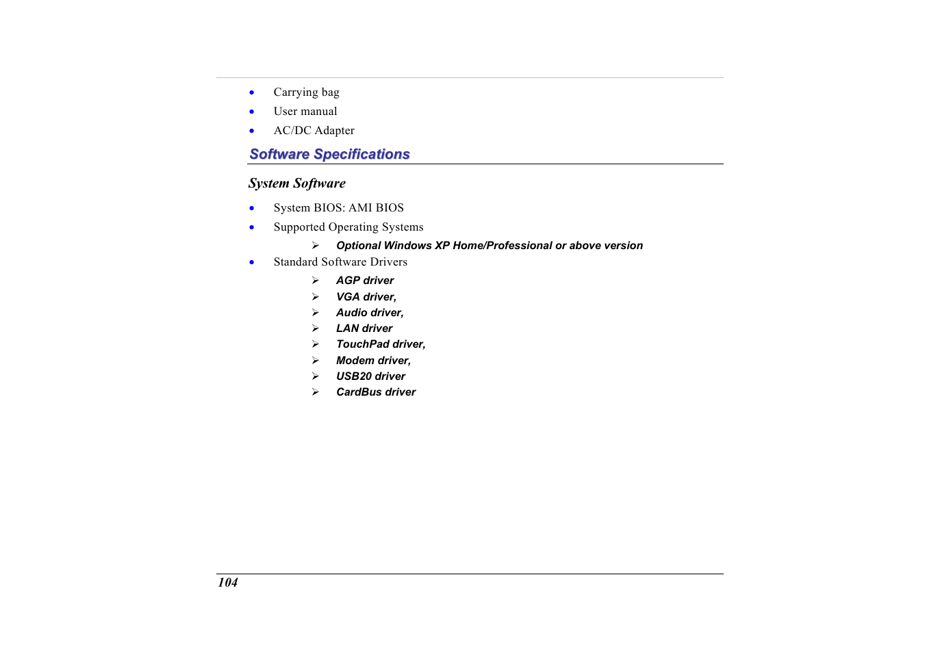 Software specifications, System software | Elitegroup G713 User Manual | Page 106 / 106