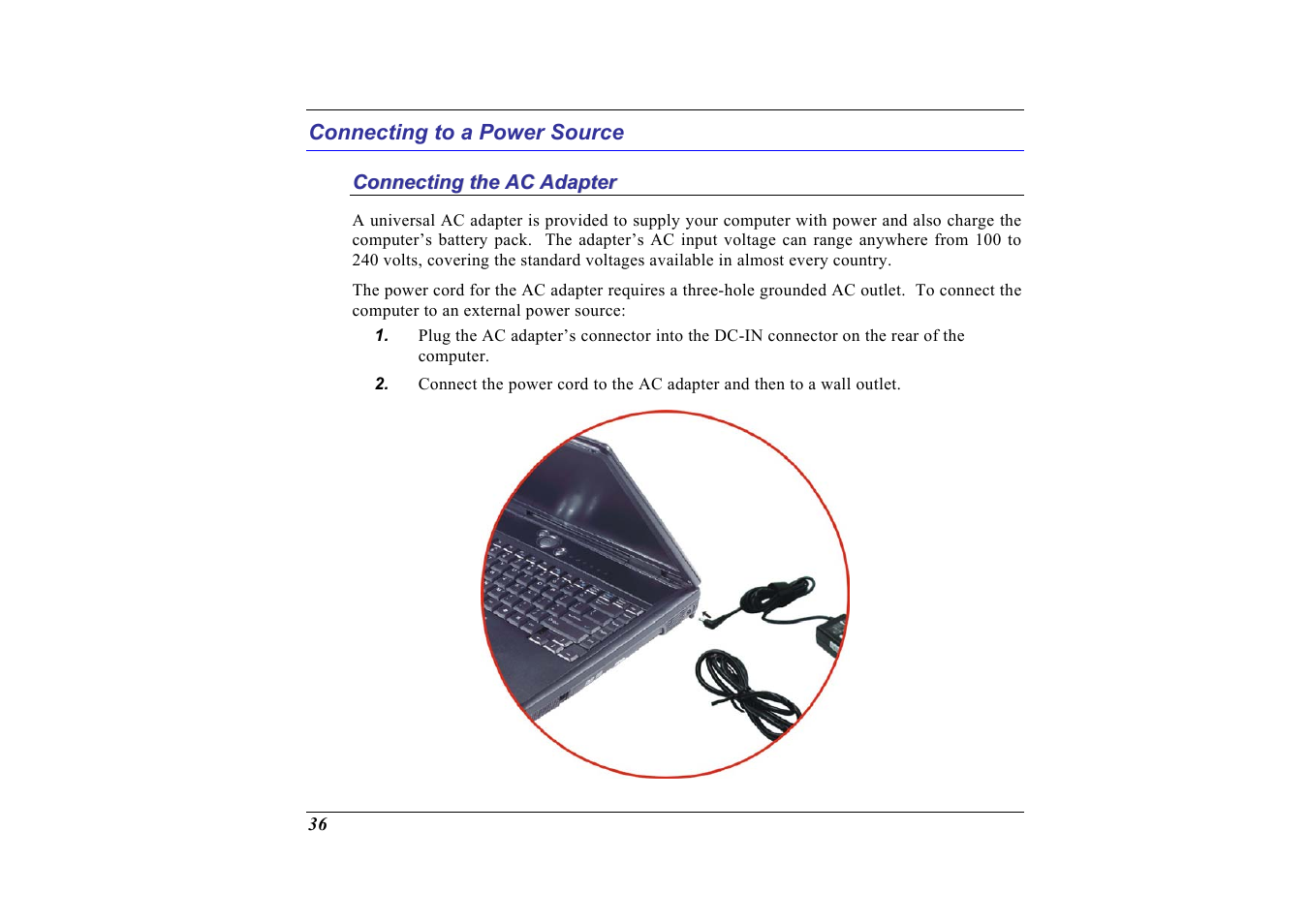 Connecting to a power source, Connecting the ac adapter | Elitegroup G713 User Manual | Page 38 / 106