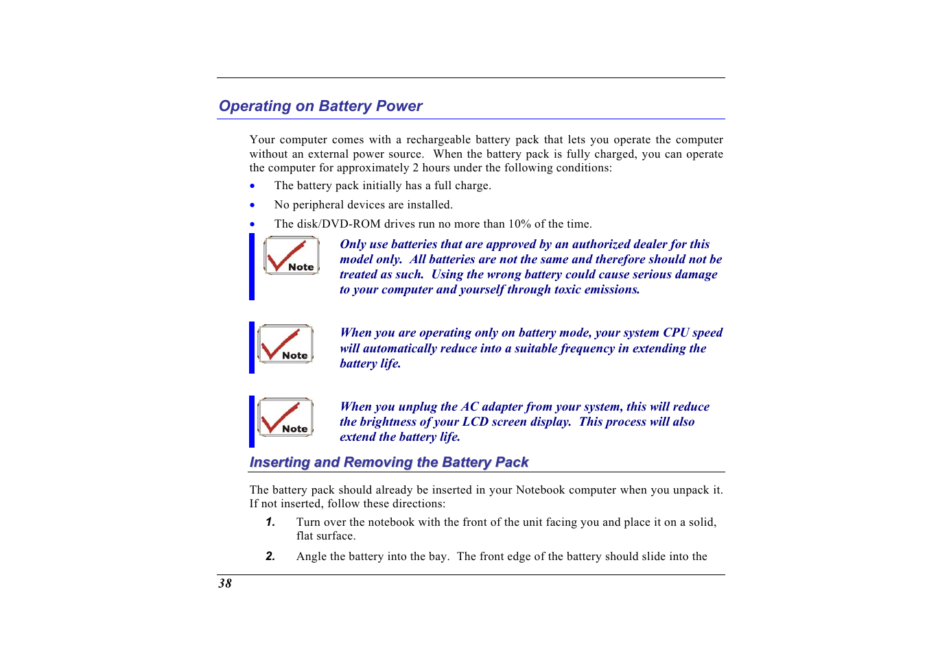 Operating on battery power, Inserting and removing the battery pack | Elitegroup G713 User Manual | Page 40 / 106