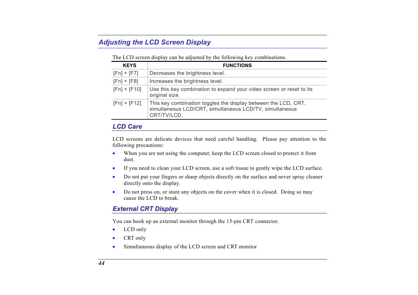 Adjusting the lcd screen display, Lcd care, External crt display | Elitegroup G713 User Manual | Page 46 / 106
