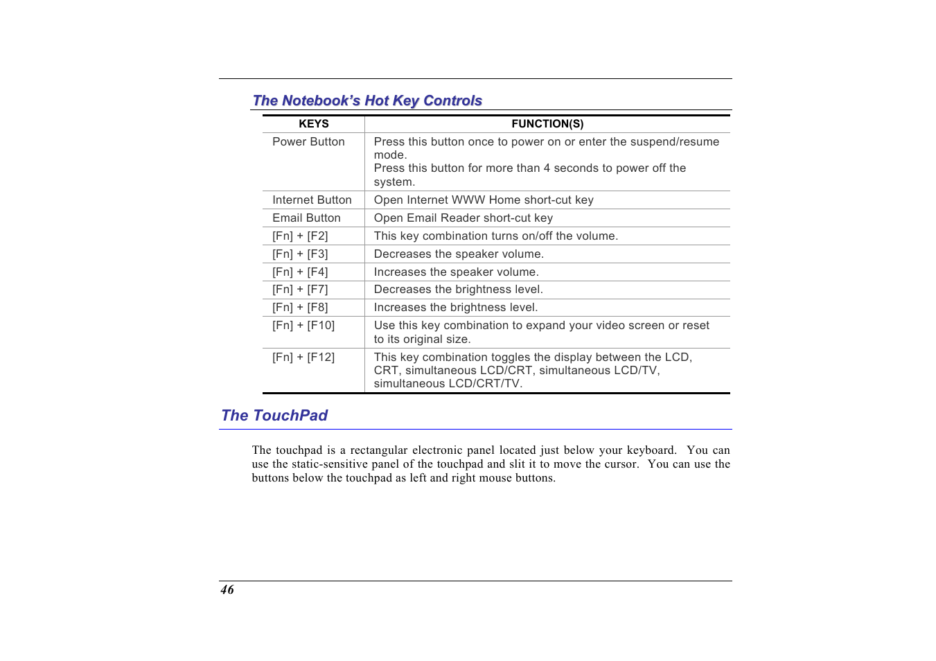 The notebook’s hot key controls, The touchpad | Elitegroup G713 User Manual | Page 48 / 106