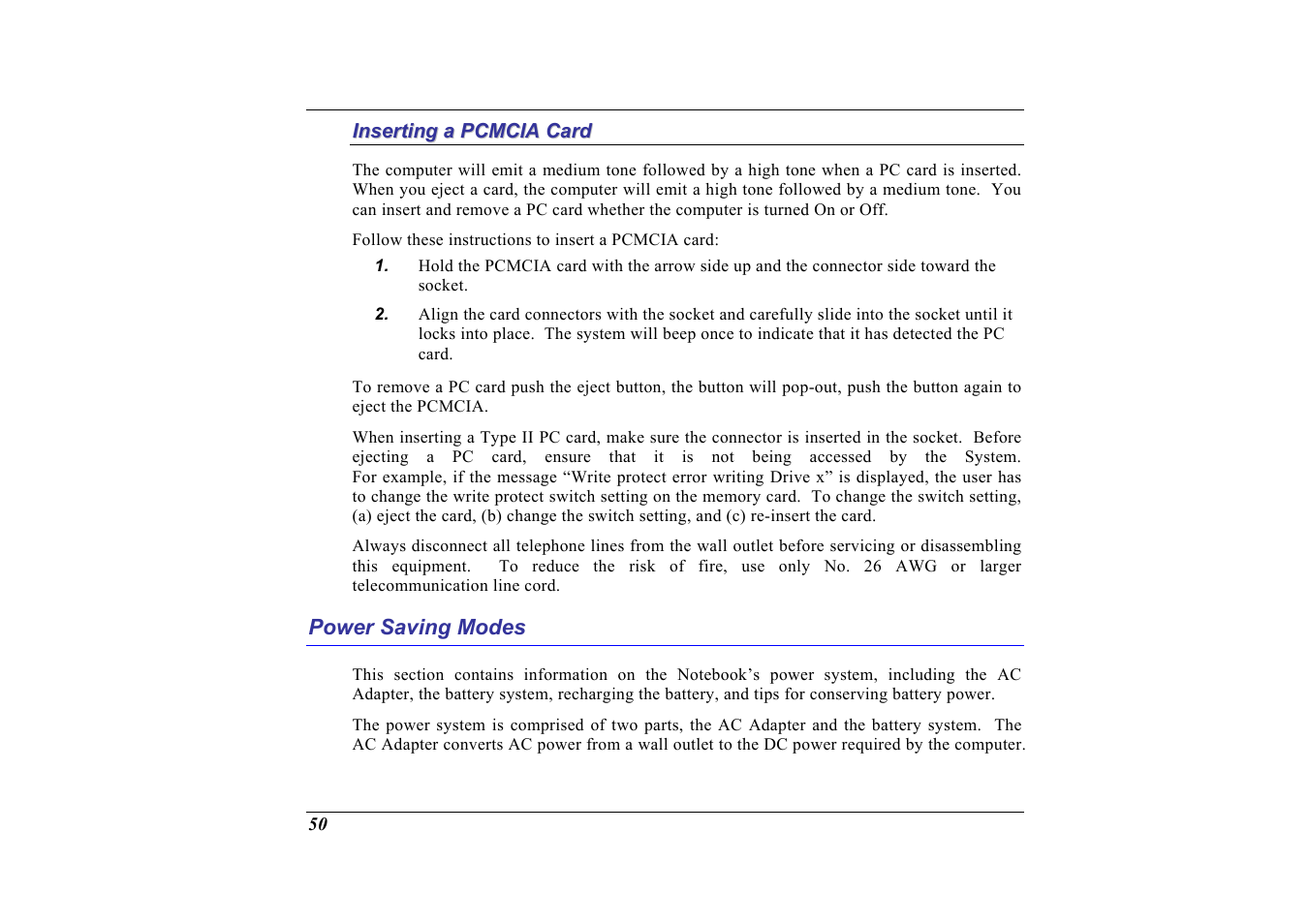 Inserting a pcmcia card, Power saving modes | Elitegroup G713 User Manual | Page 52 / 106