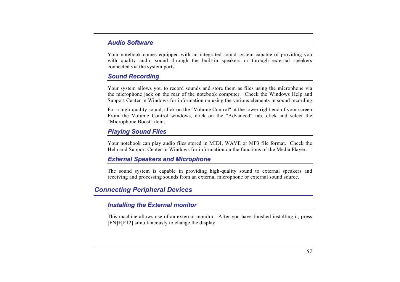 Audio software, Sound recording, Playing sound files | External speakers and microphone, Connecting peripheral devices, Installing the external monitor | Elitegroup G713 User Manual | Page 59 / 106