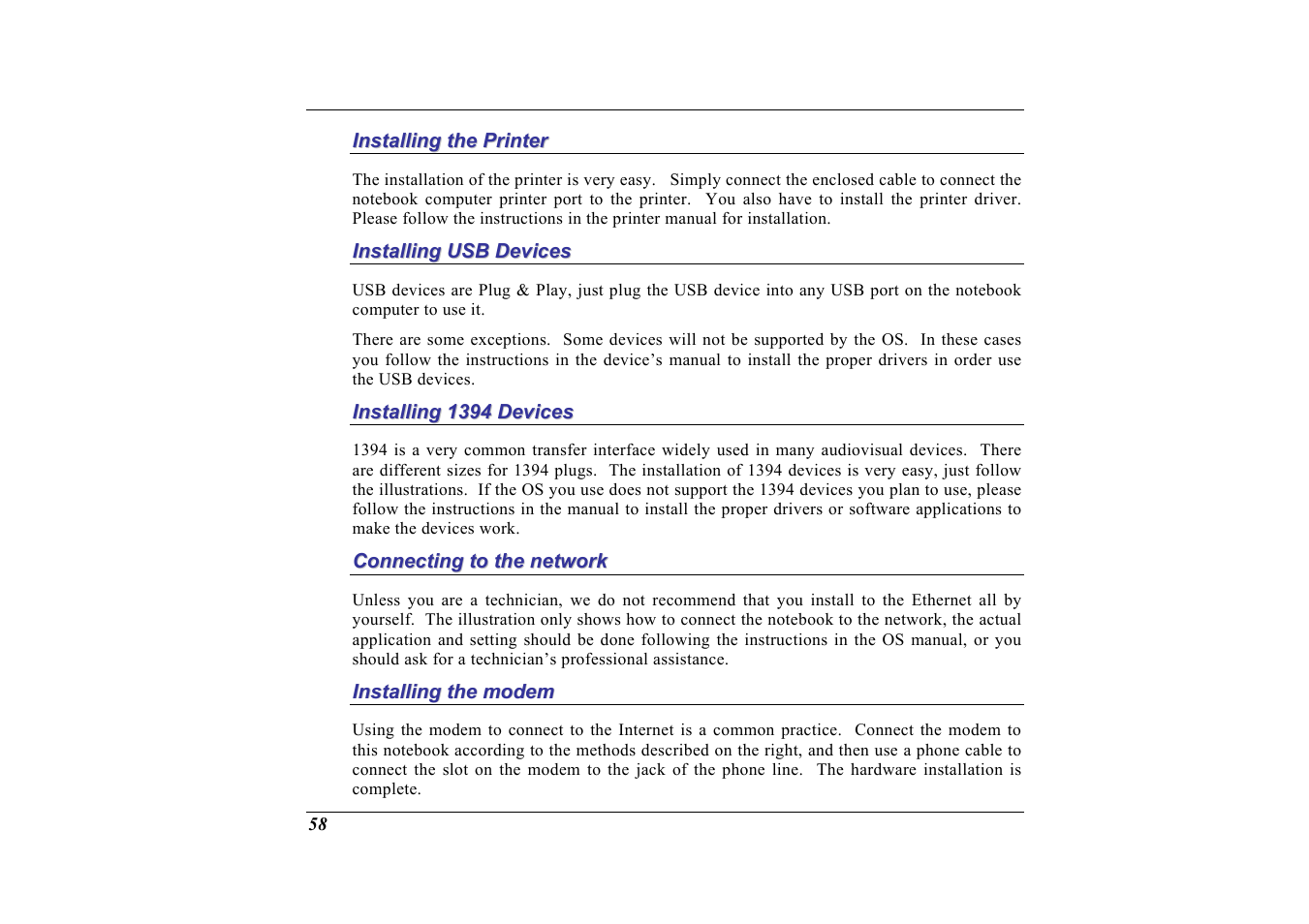 Installing the printer, Installing usb devices, Installing 1394 devices | Connecting to the network, Installing the modem | Elitegroup G713 User Manual | Page 60 / 106