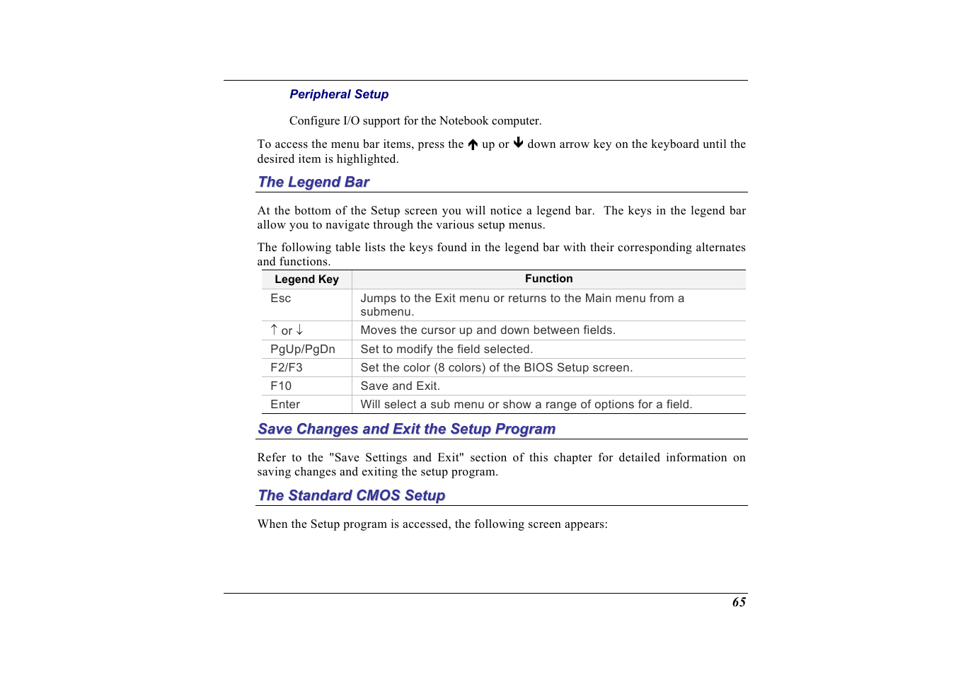 The legend bar, Save changes and exit the setup program, The standard cmos setup | Elitegroup G713 User Manual | Page 67 / 106