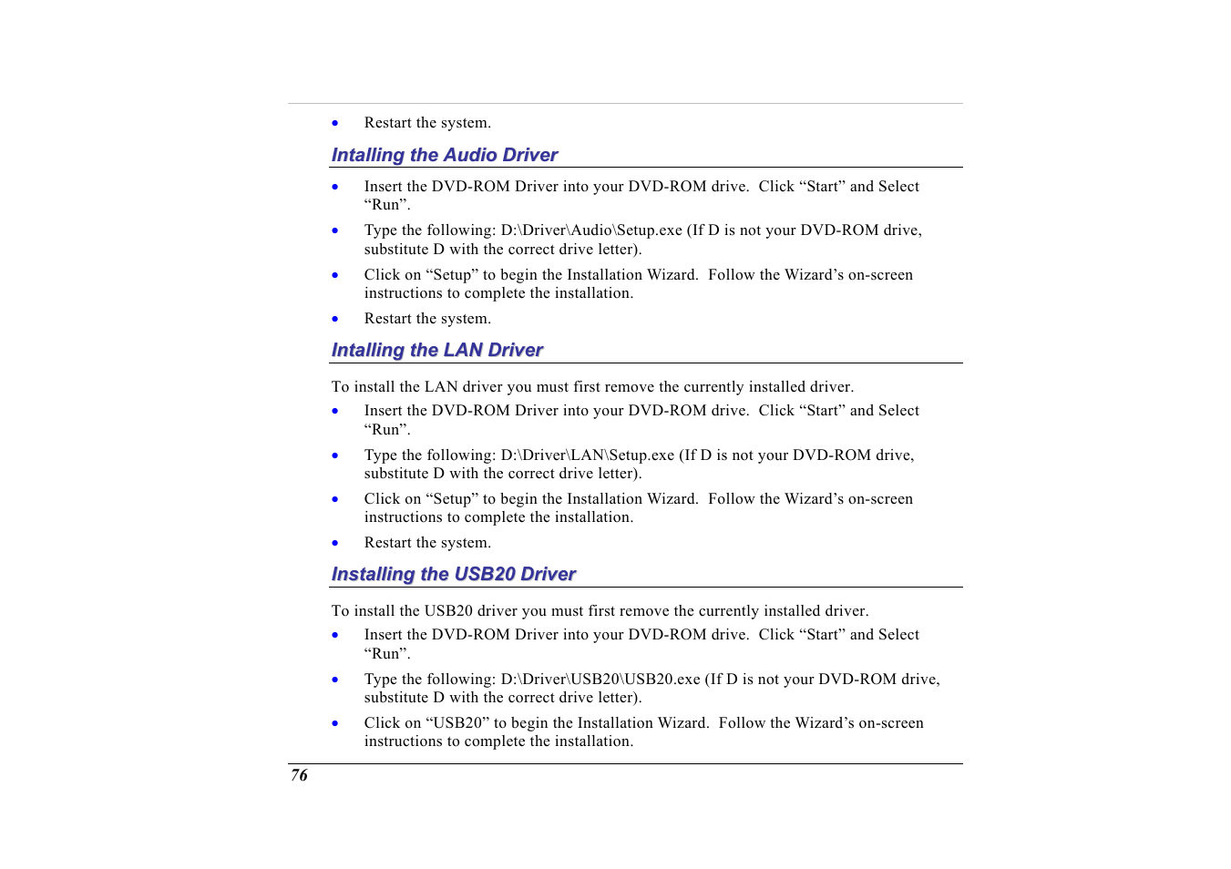 Intalling the audio driver, Intalling the lan driver, Installing the usb20 driver | Elitegroup G713 User Manual | Page 78 / 106