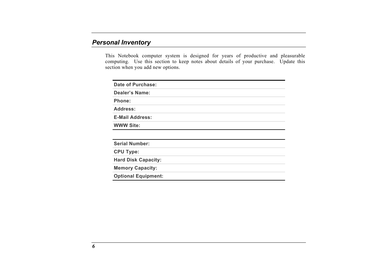 Personal inventory | Elitegroup G713 User Manual | Page 8 / 106
