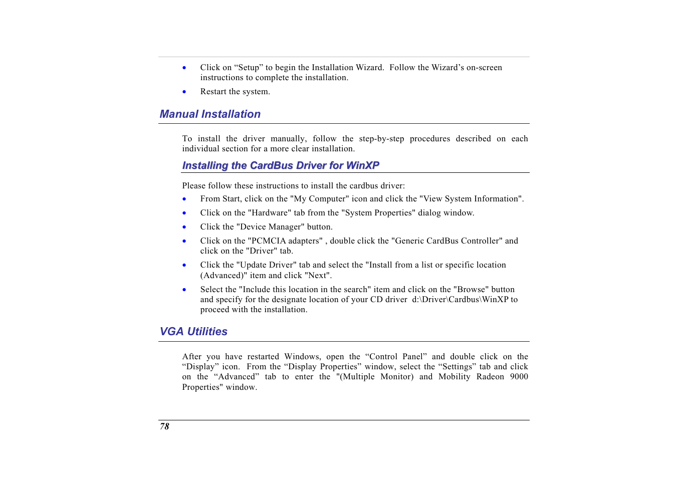 Manual installation, Installing the cardbus driver for winxp, Vga utilities | Elitegroup G713 User Manual | Page 80 / 106
