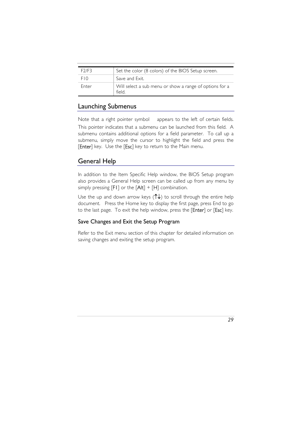 Launching submenus, General help | Elitegroup A929 (V2.0) User Manual | Page 41 / 75