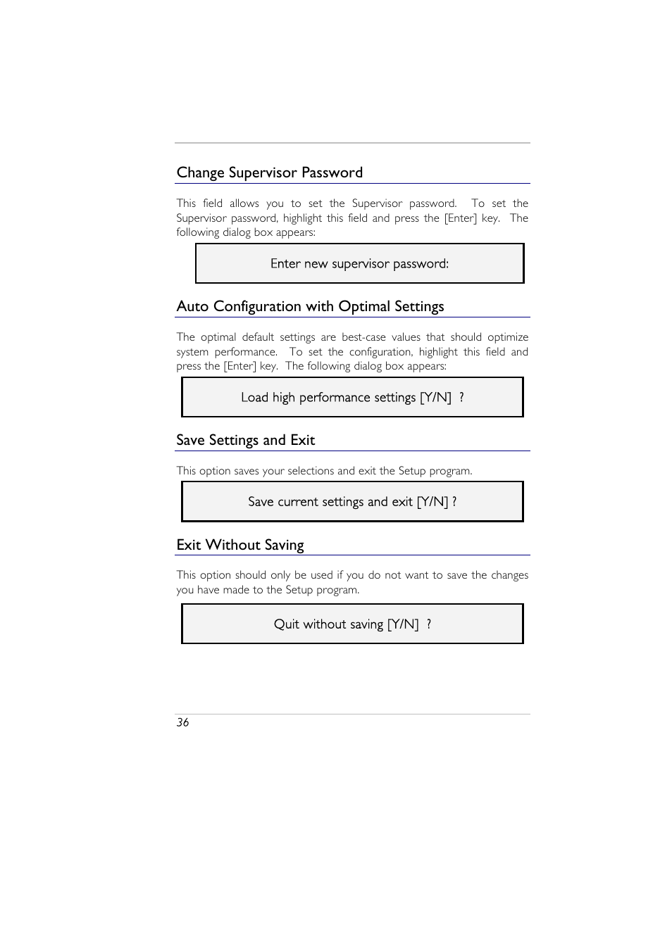 Change supervisor password, Auto configuration with optimal settings, Save settings and exit | Exit without saving | Elitegroup A929 (V2.0) User Manual | Page 48 / 75