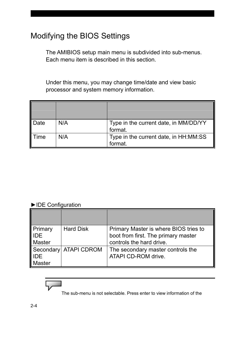 Modifying the bios settings, Main setup, Advanced setup | Elitegroup 259II v.2 User Manual | Page 4 / 9