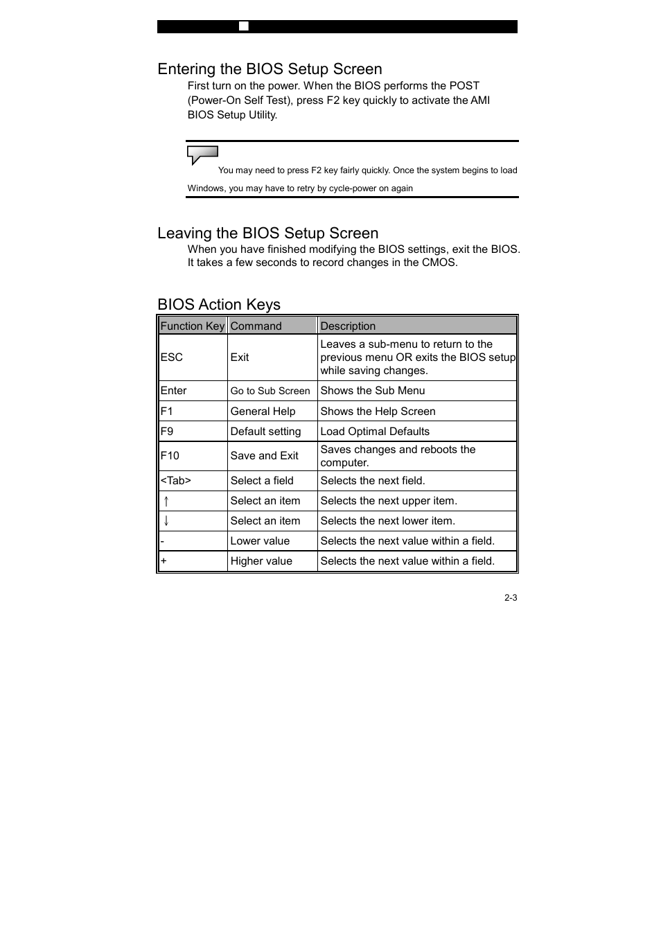 Entering the bios setup screen, Leaving the bios setup screen, Bios action keys | Elitegroup 259IA3 User Manual v.2 User Manual | Page 3 / 9