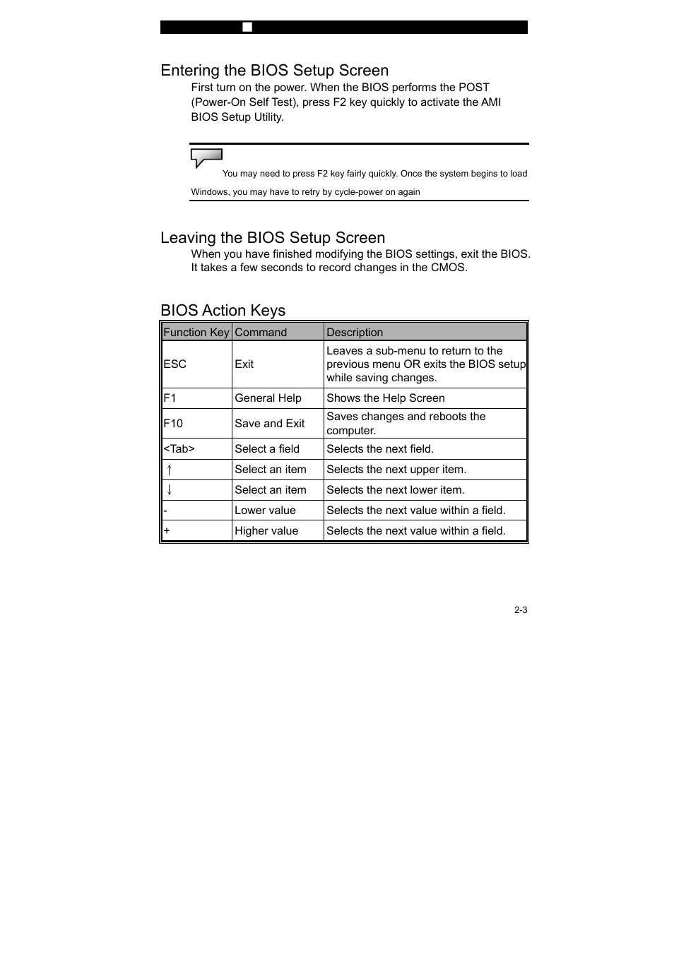 Entering the bios setup screen, Leaving the bios setup screen, Bios action keys | Elitegroup 258KA v.2 User Manual | Page 3 / 10