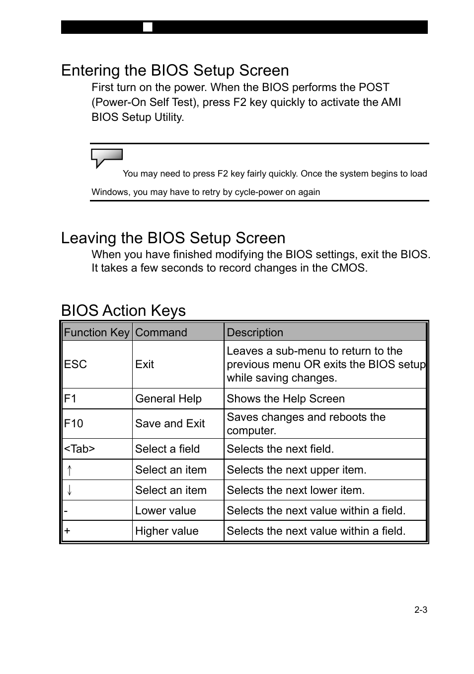 Entering the bios setup screen, Leaving the bios setup screen, Bios action keys | Elitegroup 257SA1 v.2 User Manual | Page 3 / 10