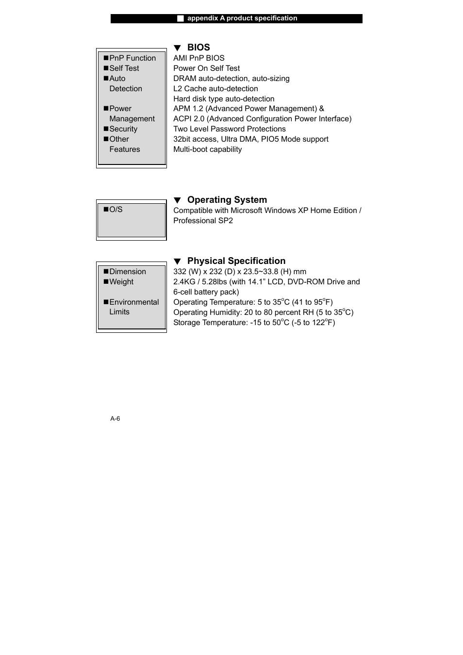 Bios, Operating system, Physical specification | Elitegroup X40IIx User Manual | Page 102 / 110