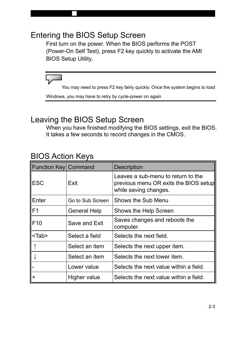 Entering the bios setup screen, Leaving the bios setup screen, Bios action keys | Elitegroup M31EI v.2 User Manual | Page 3 / 7