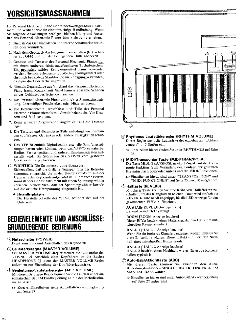Vorsichtsmassnahivien, Bedienelemente und grundlegende bedienung, Netzschalter (power) | 4) rhythmus-lautstärkeregler (rhythm volume), Vorsichtsmassnahmen, Bedienelemente und anschlüsse, Grundlegende bedienung | Yamaha YP-40 User Manual | Page 10 / 27