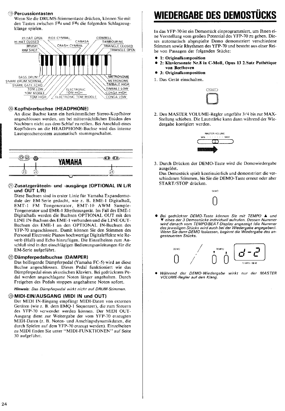 Percussiontasten, Kopfhörerbuchse (headphone), Midi-ein/ausgang (midi in und out) | Wiedergabe des demdstücks, Wiedergabe des demostücks, Yamaha | Yamaha YP-40 User Manual | Page 12 / 27