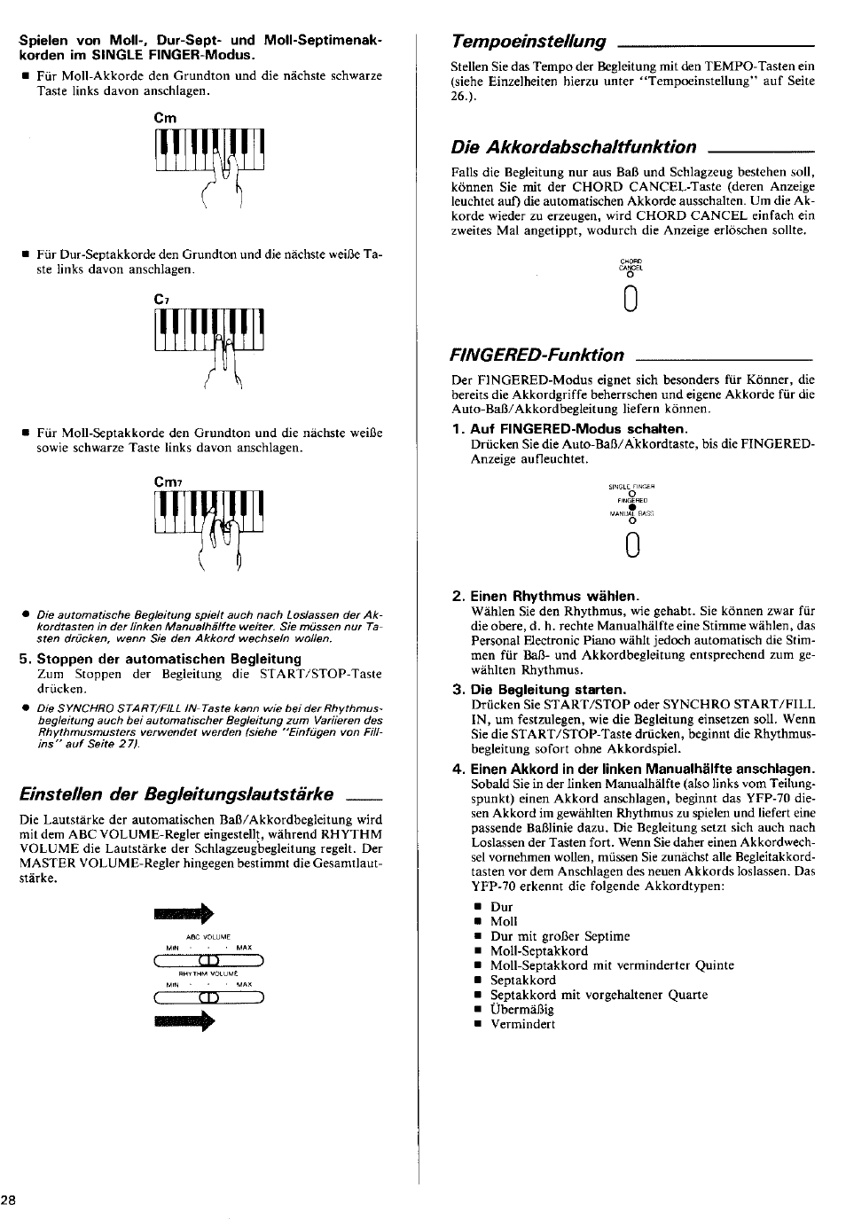 Stoppen der automatischen begleitung, Einstellen der begleitungslautstärke, Tempoeinstellung | Die akkordabschaltfunktion, Fingered-funktion, Auf fingered-modus schalten, Einen rhythmus wählen, Die begleitung starten, Einen akkord in der linken manualhälfte anschlagen | Yamaha YP-40 User Manual | Page 16 / 27