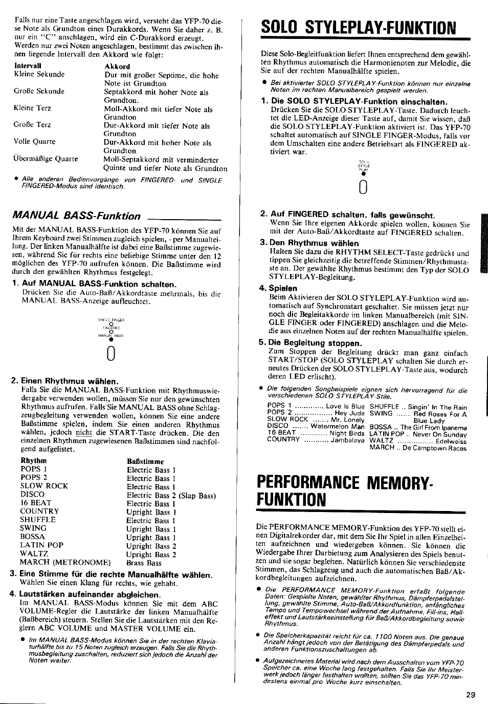Solo styleplay-funktion, Performance memory funktion, Performance memory-funktion | Manual bass-funktion | Yamaha YP-40 User Manual | Page 17 / 27