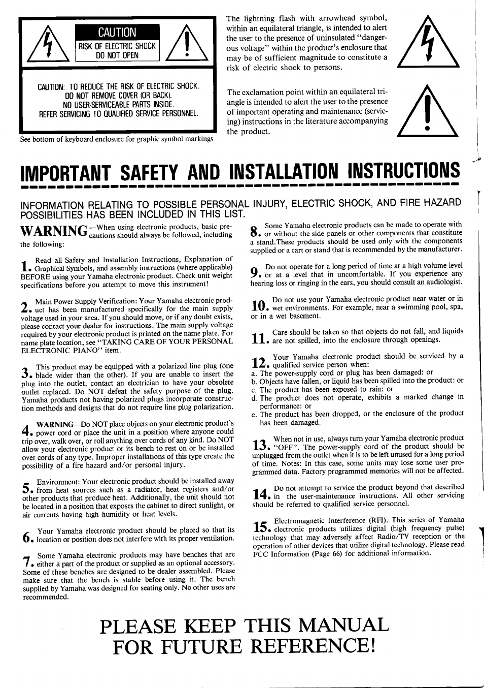 Risk of electric shock do not open, No user-serviceable parts inside, Refer servicing to oualified service personnel | Please keep this manual for future reference, Important safety and installation instructions, Cautiom | Yamaha YP-40 User Manual | Page 2 / 27