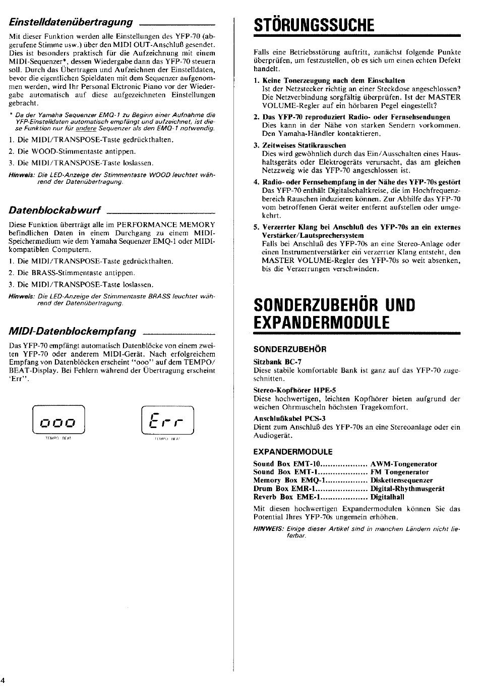 Einsteudatenübertragung, Datenbiockabwurf, M/dl-datenbhckempfang | Störungssuche, Sonderzubehör und expandermodule, Sonderzubehör, Expandermodule, Einstelldatenübertragung, Datenblockabwurf, Midi-datenblockempfang | Yamaha YP-40 User Manual | Page 22 / 27